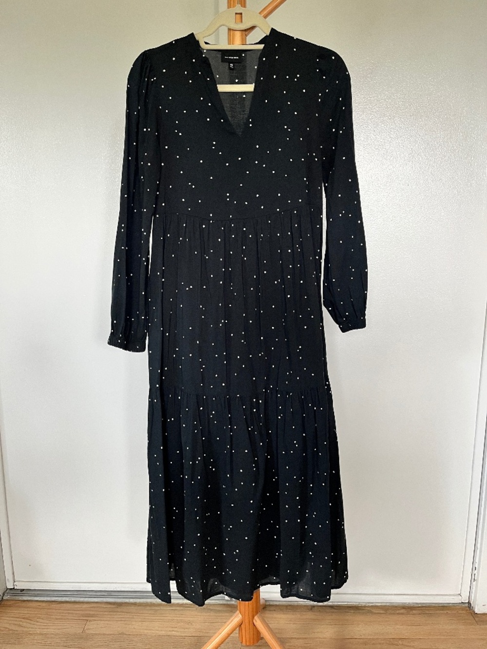 Who What Wear black long sleeve cotton lined dress with white polka dots